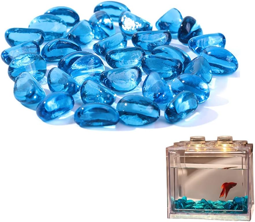 NeoStyle Betta Fish Tank Accessories,Glass Blue Fluorescent Stone,Row Aquarium Stackable Cube Hexagon Tank (Fish Tank Accessories, Glass Blue Fluorescent Stone 250g)