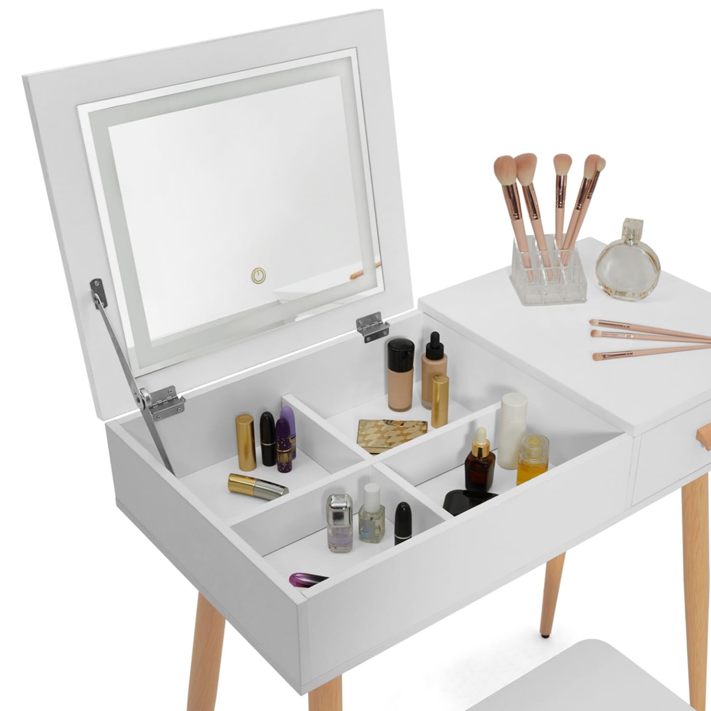IDMarket - Coiffeuse scandinave Lisa Blanche Miroir Rabattable LED et Tabouret