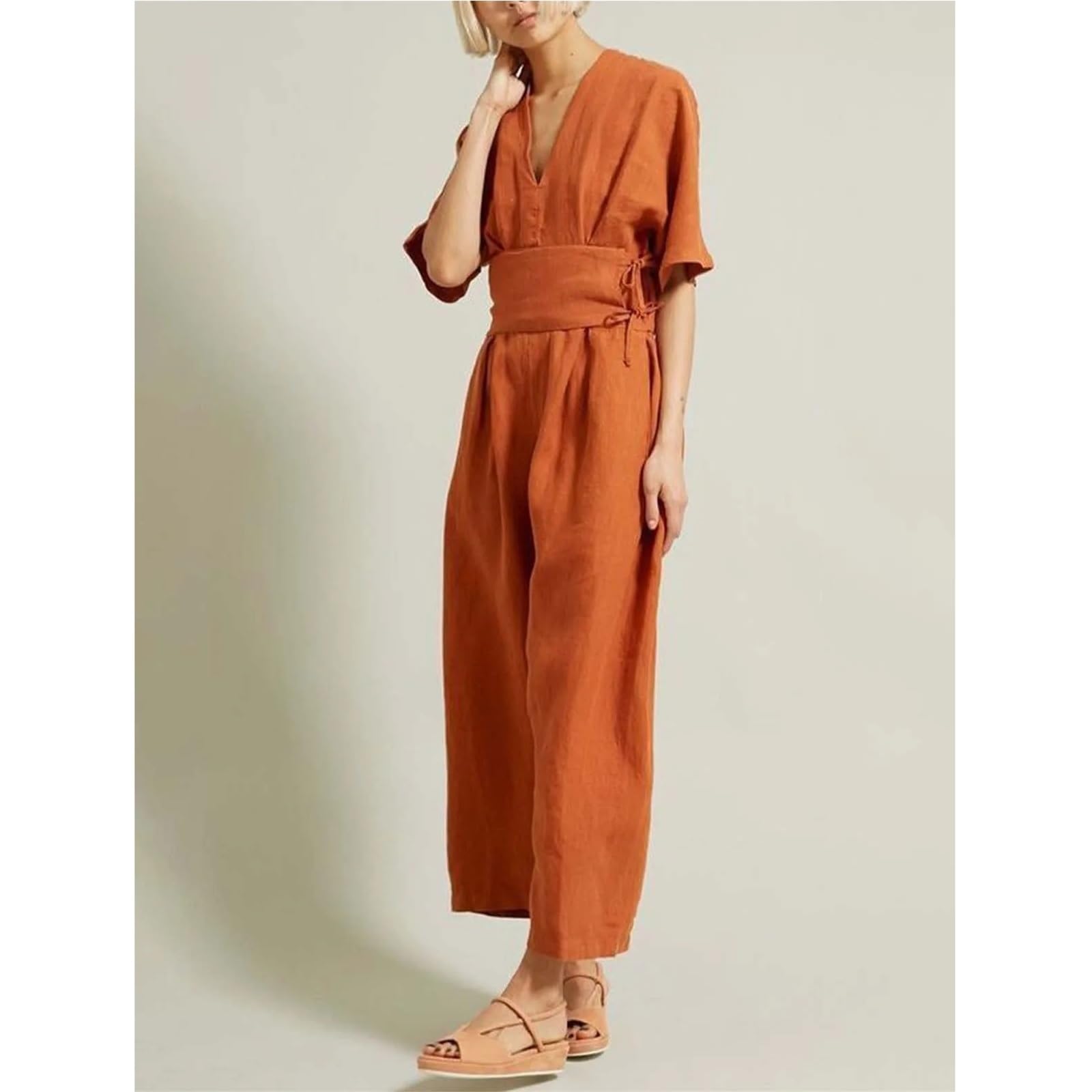 Tuta Intera in Lino da Donna Tute in lino di cotone for donna Pantaloni dritti Cintura vintage con scollo a V Pagliaccetto ampio Tuta casual da spiaggia