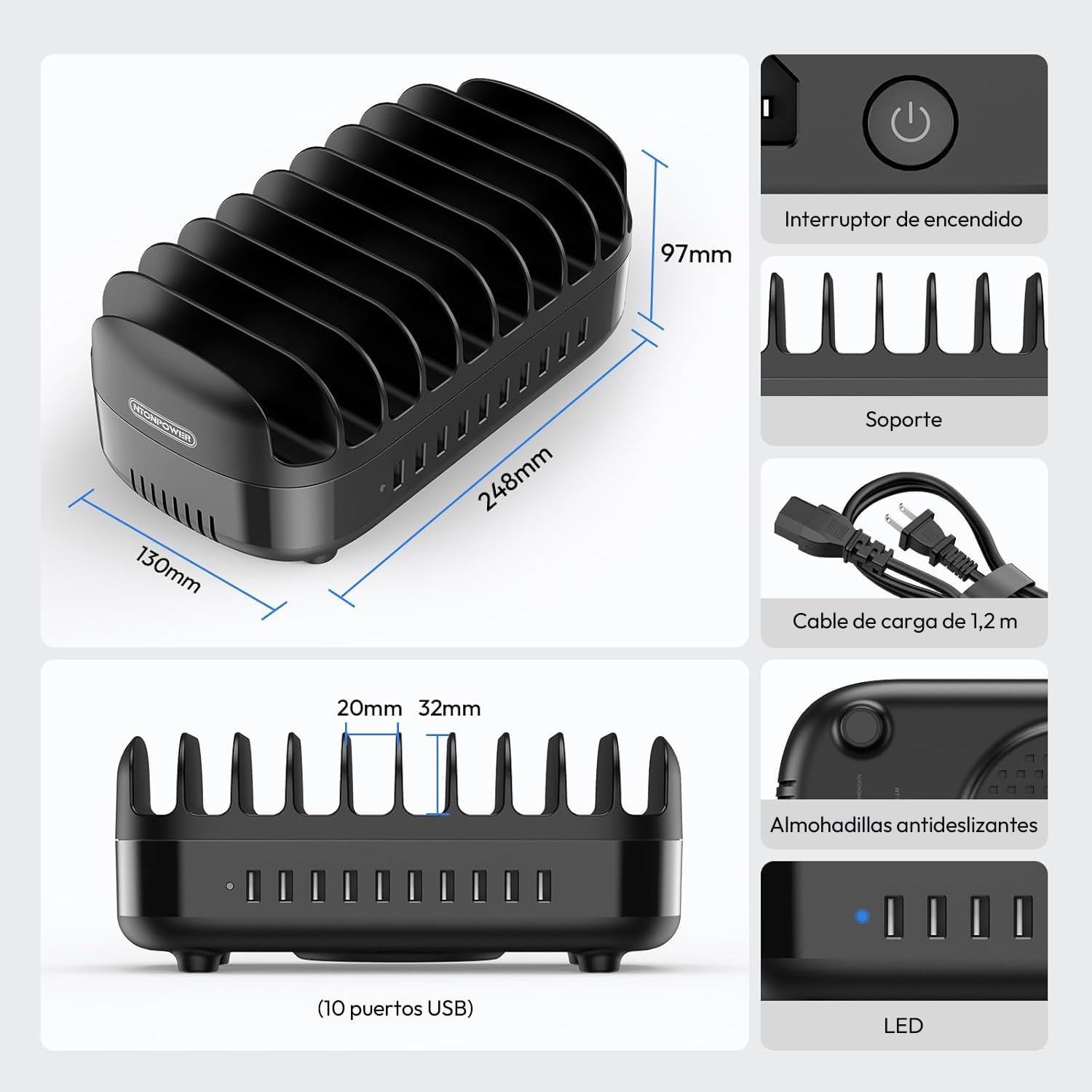 NTONPOWER Estación de carga para tablet, 10 puertos, multiUSB, 120 W, con disipador de calor automático silencioso, para teléfonos móviles, smartphones, tabletas, color negro
