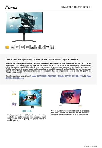 iiyama G-Master GB2771QSU-B1 27 inch Fast-IPS LCD, 200Hz, 0.5ms, Adaptive Sync & G-Sync Compatible, 2560x1440, HDMI/DP/USB Hub H,AS - 8
