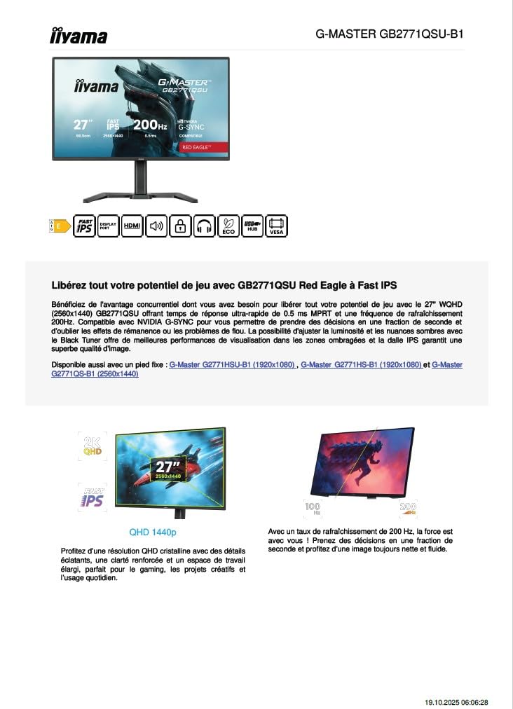 iiyama Ecran G-Master Red Eagle, GB2771QSU-B1, Fast IPS, QHD@200Hz, 0.5ms,350cd, Haut-parleurs, HDMI/DP/USB (2 x3.2 + 2X Type C), réglable en Hauteur, Black Tuner, G-Sync Compatible