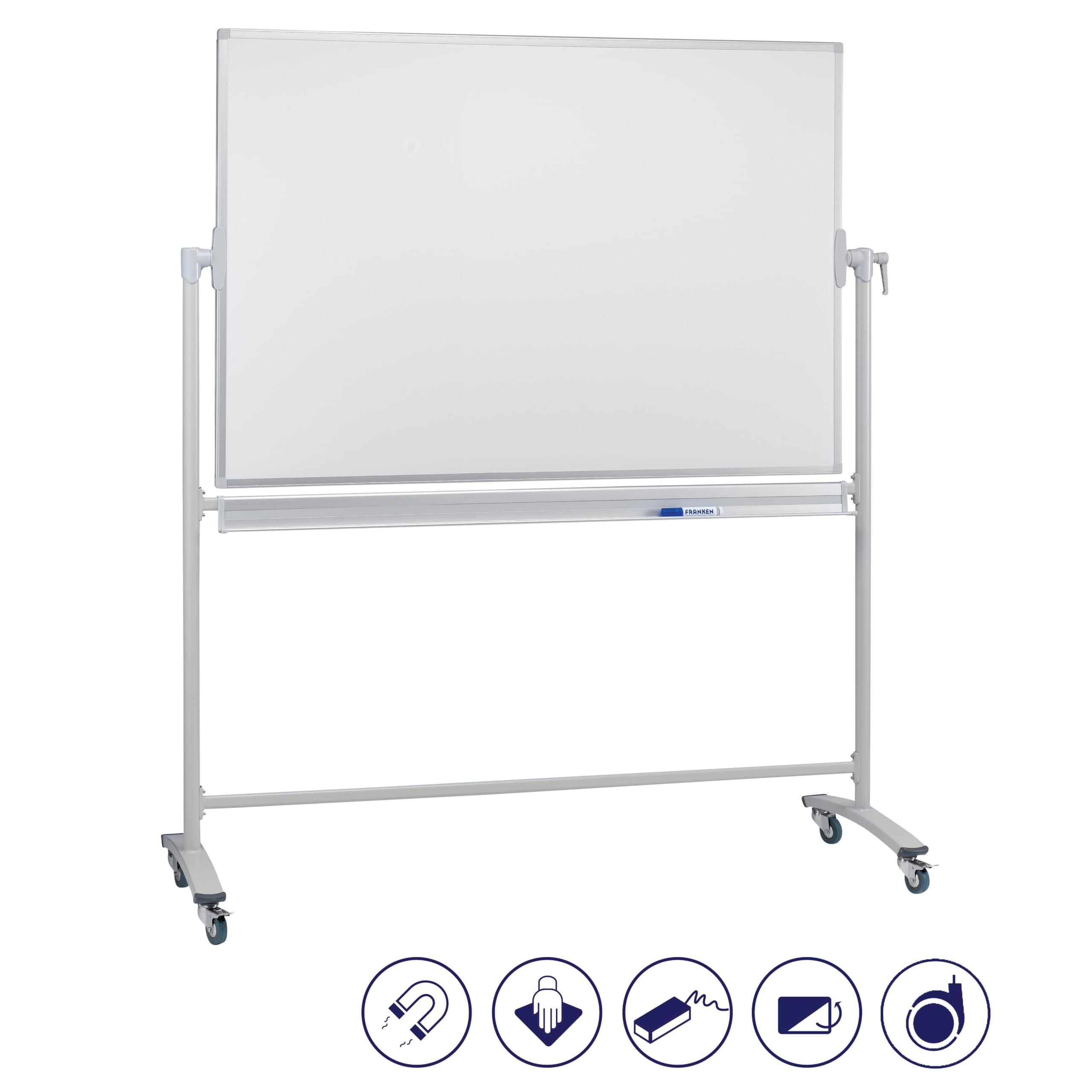 FRANKEN Mobiles Whiteboard, doppelseitig, lackiert, magnetisch, beschreibbar, trocken abwischbar, Whiteboard mit Ständer und Rollen, mit Metallgestell und schwenkbarem Rahmen, 150 x 100 cm, STC202