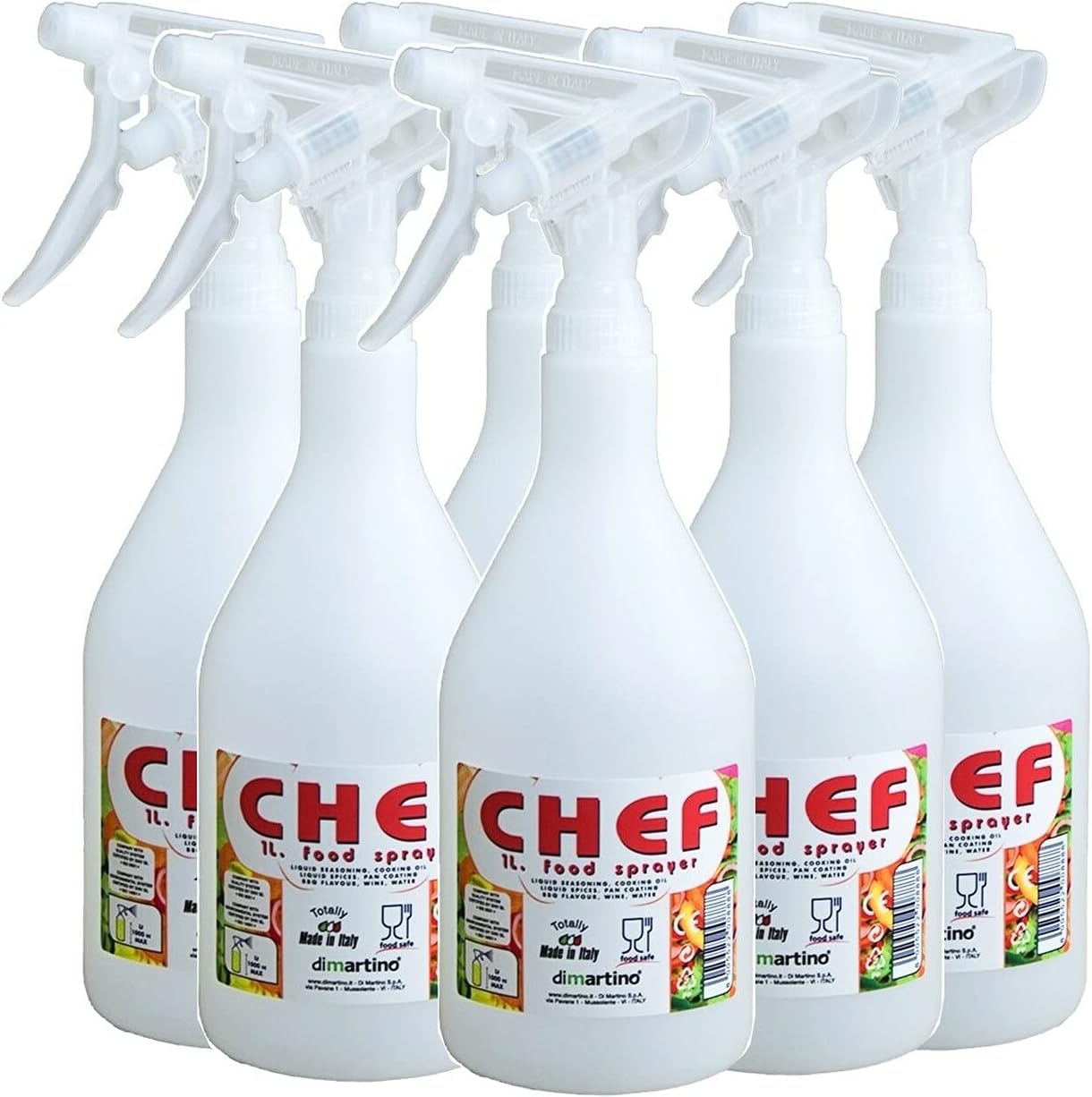 Di Martino 32 oz Commercial Food Grade Sprayer – 6 Pack Spray Bottles for Cooking, BBQ Grills, Kitchens & Food Prep – Adjustable Nozzle, BPA Free, Reusable, Made in Italy