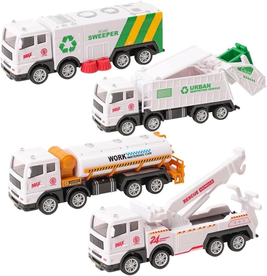 Garbage Truck Toy Vehicles Set 4 Pack Sanitation Model Recycle Trucks Water Tanker Playset Friction Power for Boys Age 3+ Toddlers Kids Holiday Birthday Gift(4pc Garbage Truck)