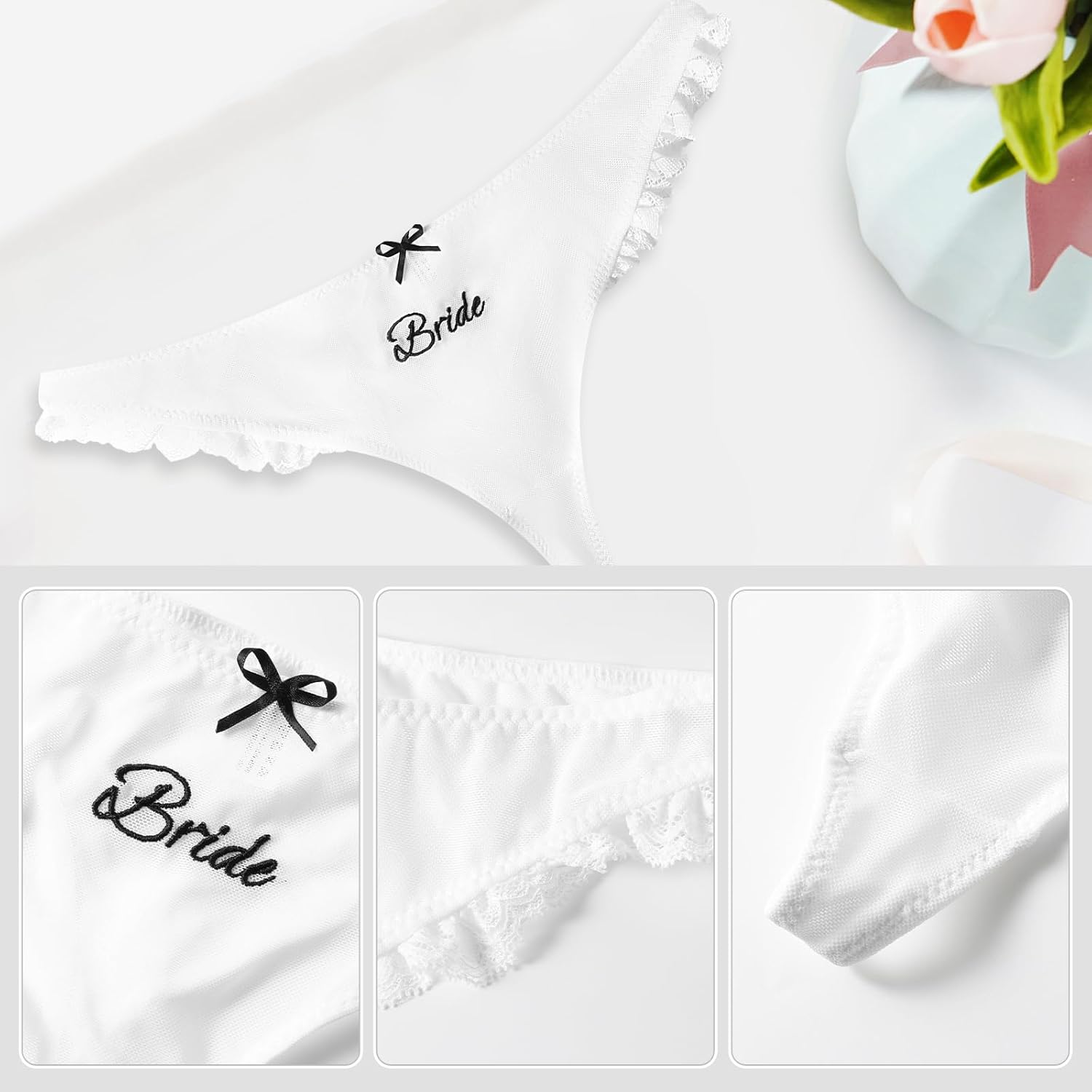 Bride Thong,S/M/L Lace Ruffle Embroidered Thong,Bride Panties,Bridal Bachelorette Bridesmaid for Brides Gift - Image 4