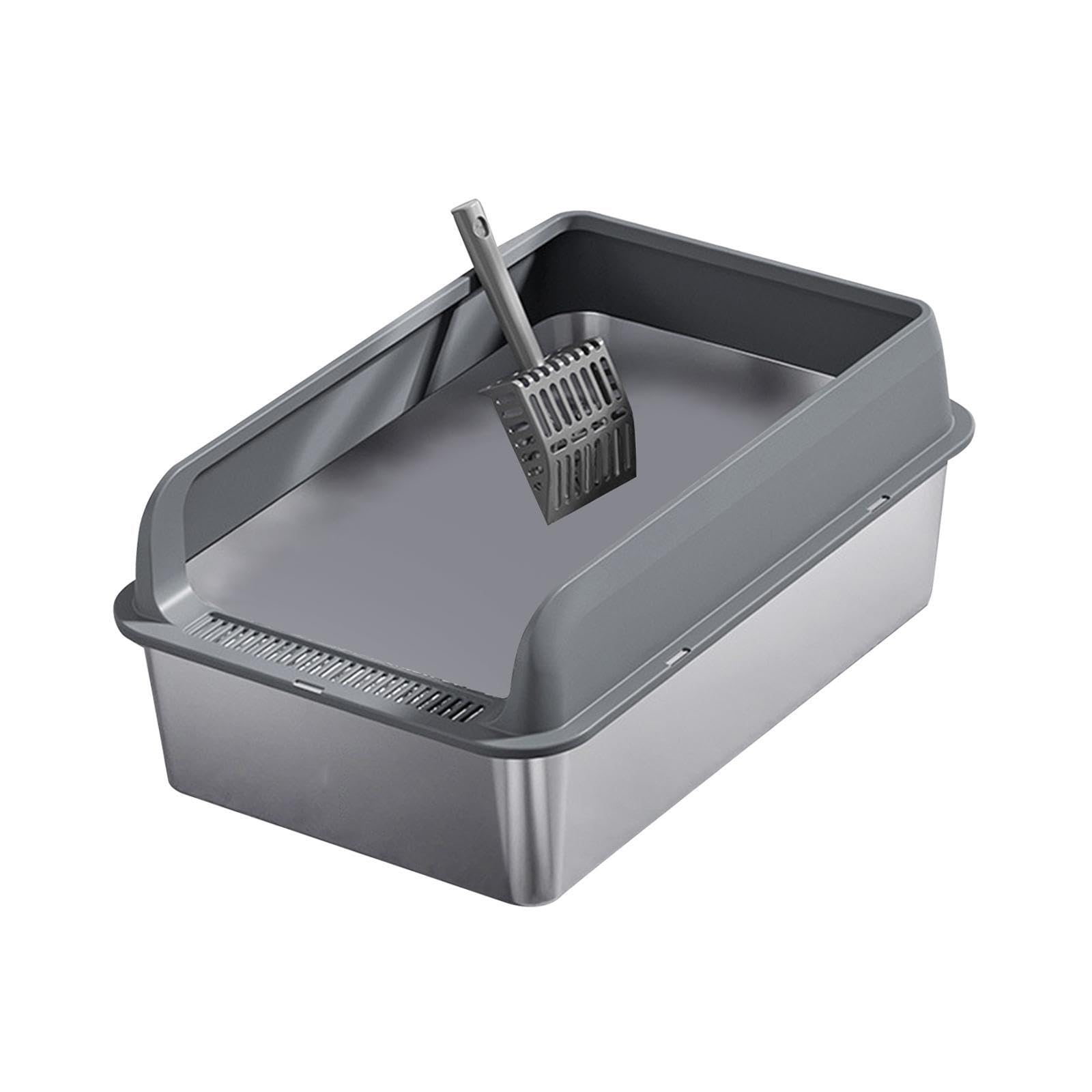 Arenero de acero inoxidable gris oscuro ALCXAZS talla L para gatos con bordes altos