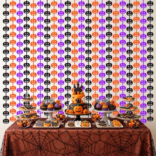 Image of TONIFUL 2Pc Black Orange Purple Pumpkin Cutout Metallic Foil Fringe Curtain | 3.3ftx6.6ft Photo Booth Backdrop Door Tinsel Streamers Curtains, Props for Halloween Fall Birthday Harvest Party Decorations