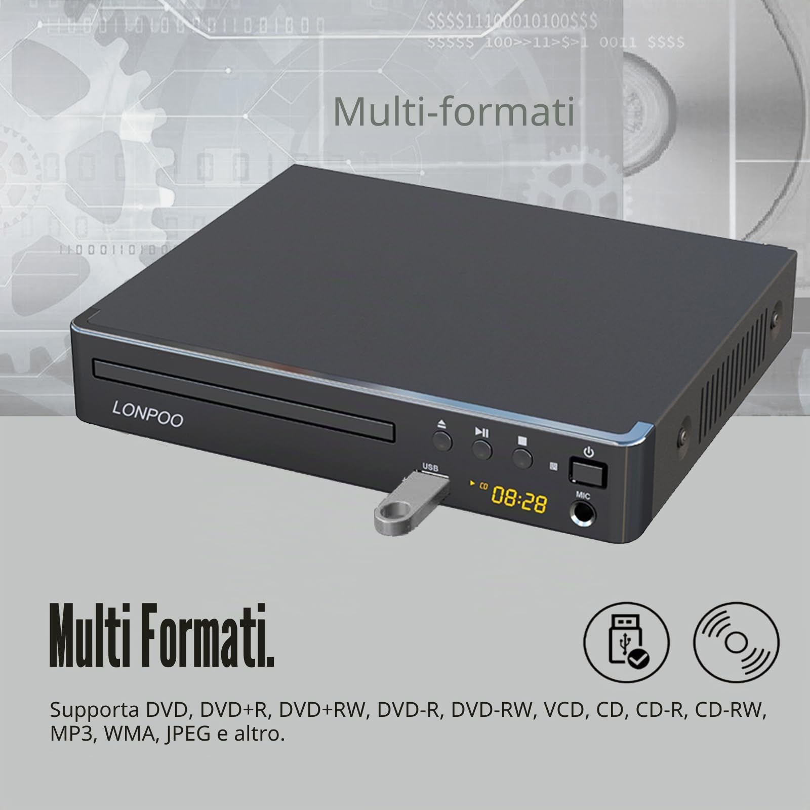 Lettore DVD compatto per TV (1080P Upscaling con uscita HDMI/Coxical/AV, porta ingresso USB e MIC, Multi-Regione Libera, cavo HDMI e AV incluso) (LP-099)