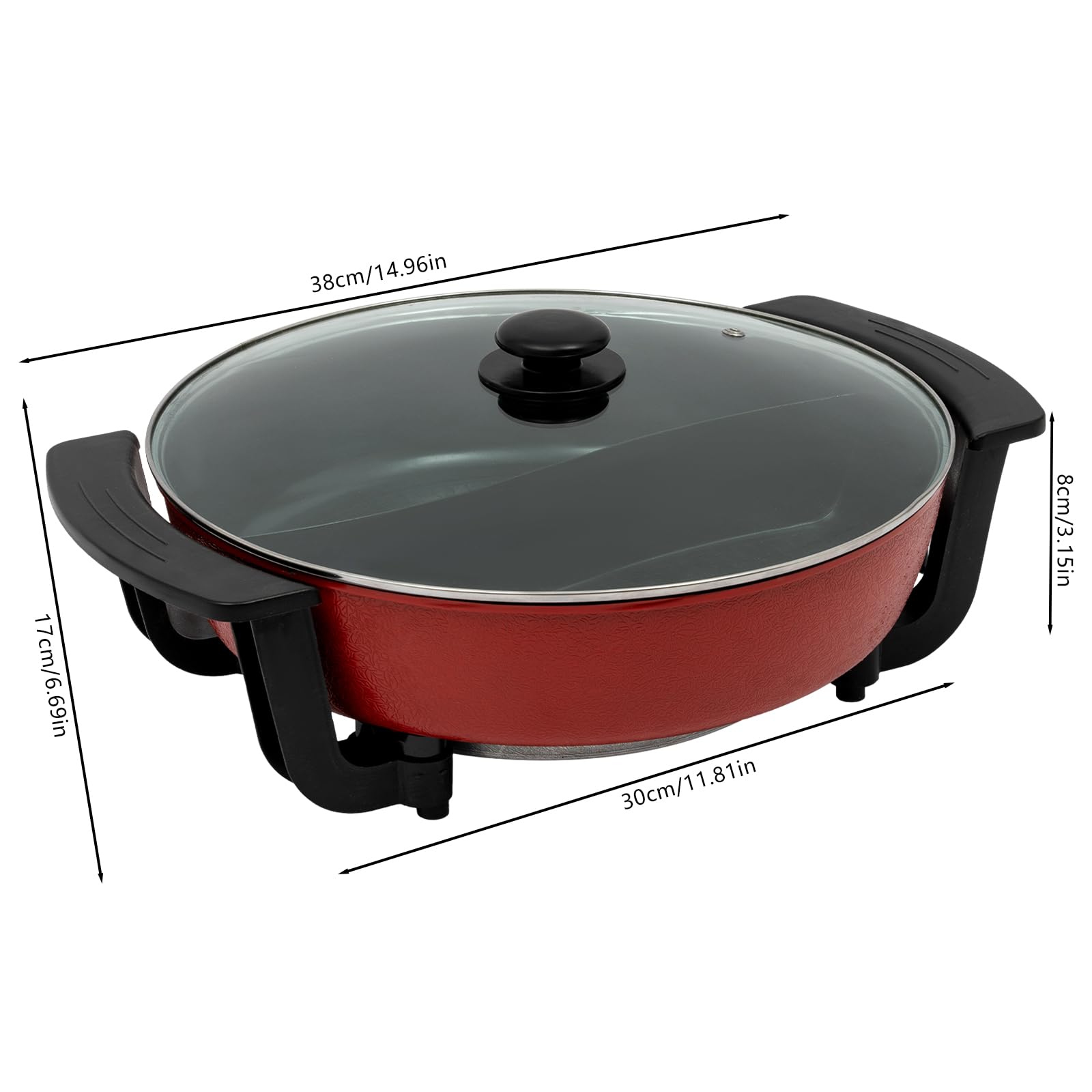 Hot Pot - Wok eléctrico, olla con divisor, cacerola de cocina, olla antiadherente china, fácil de limpiar, calentamiento rápido para el hogar, la oficina y el dormitorio, color rojo