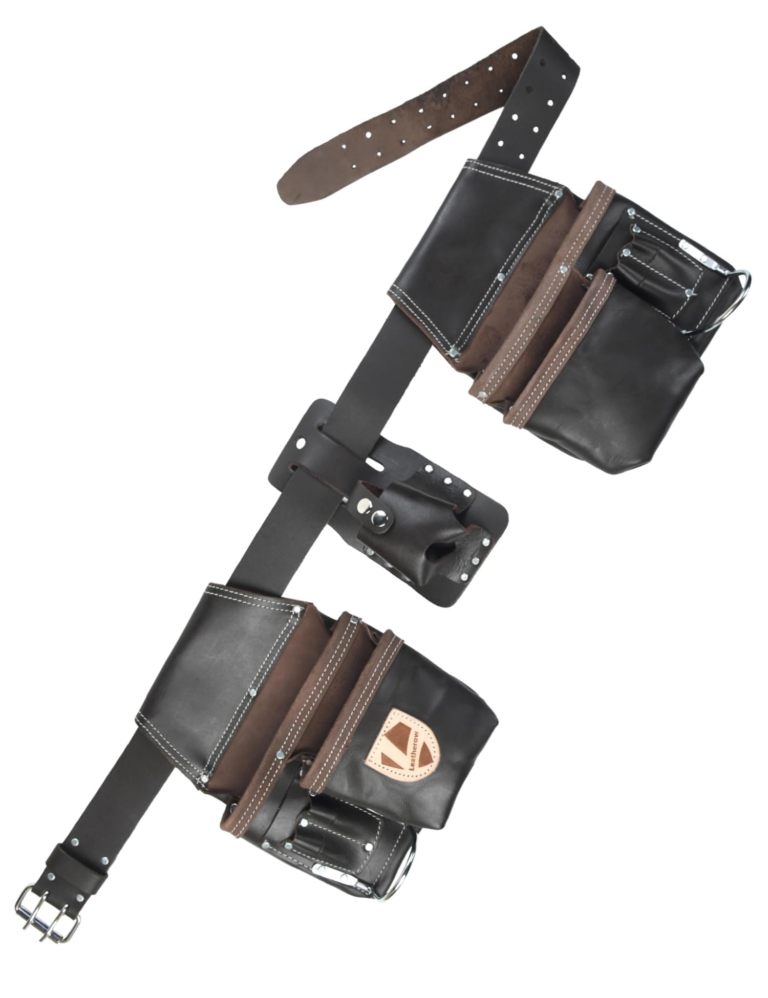 Cinturón de herramientas de cuero de grano completo resistente para electricistas, equipo de trabajo de construcción multibolsa con clip para llaves, cinturón de carpintero duradero para hombres