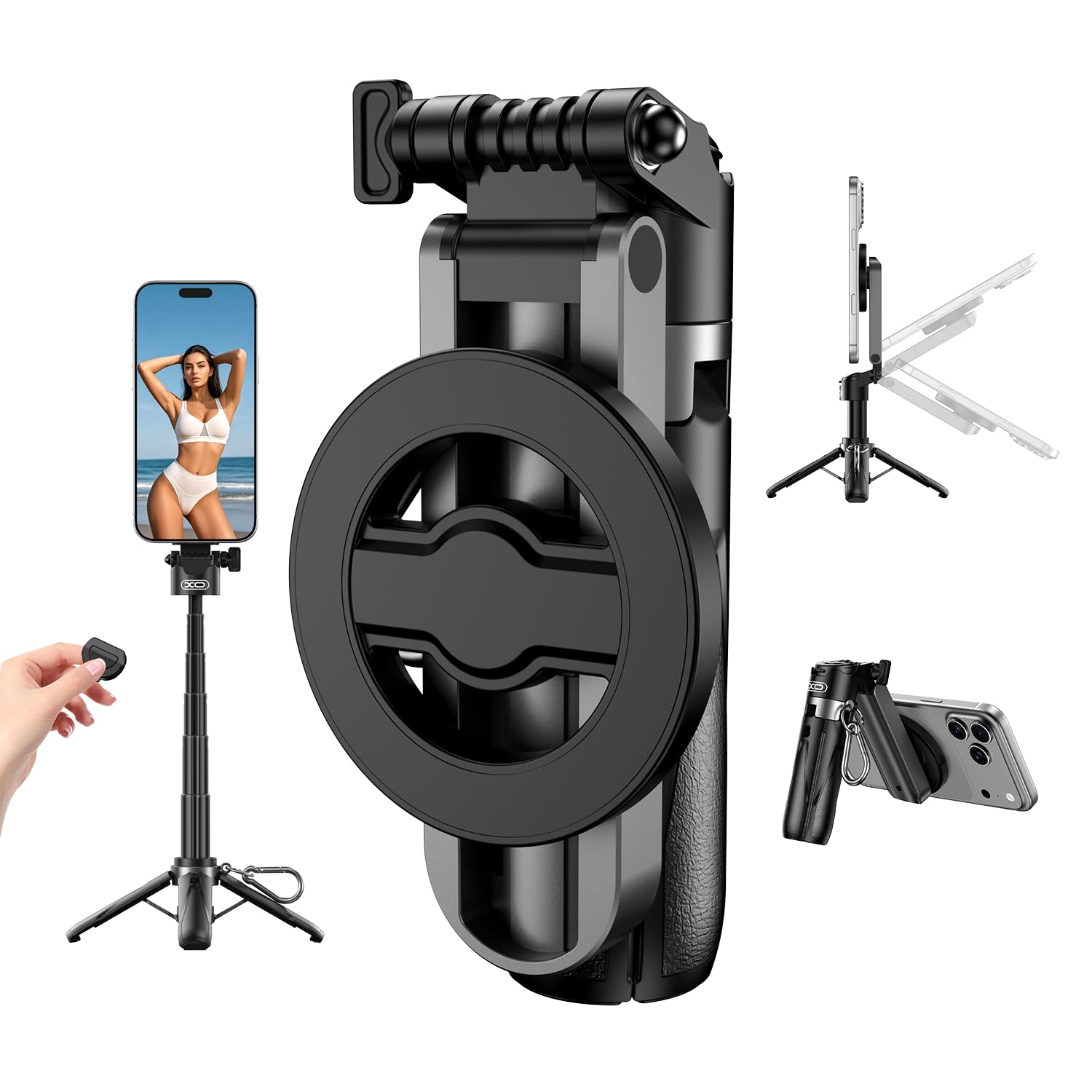 Treppiede magnetico per iPhone con telecomando, bastone per selfie portatile 4 in 1 con supporto estensibile, treppiede da viaggio per telefono 16 15 14 13 12 Pro Max Mini