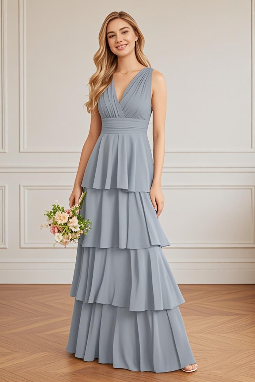 homdor V Neck Tiered Bridesmaid Dresses Long for Women Ruffles Chiffon Formal Evening Dresses - Image 6