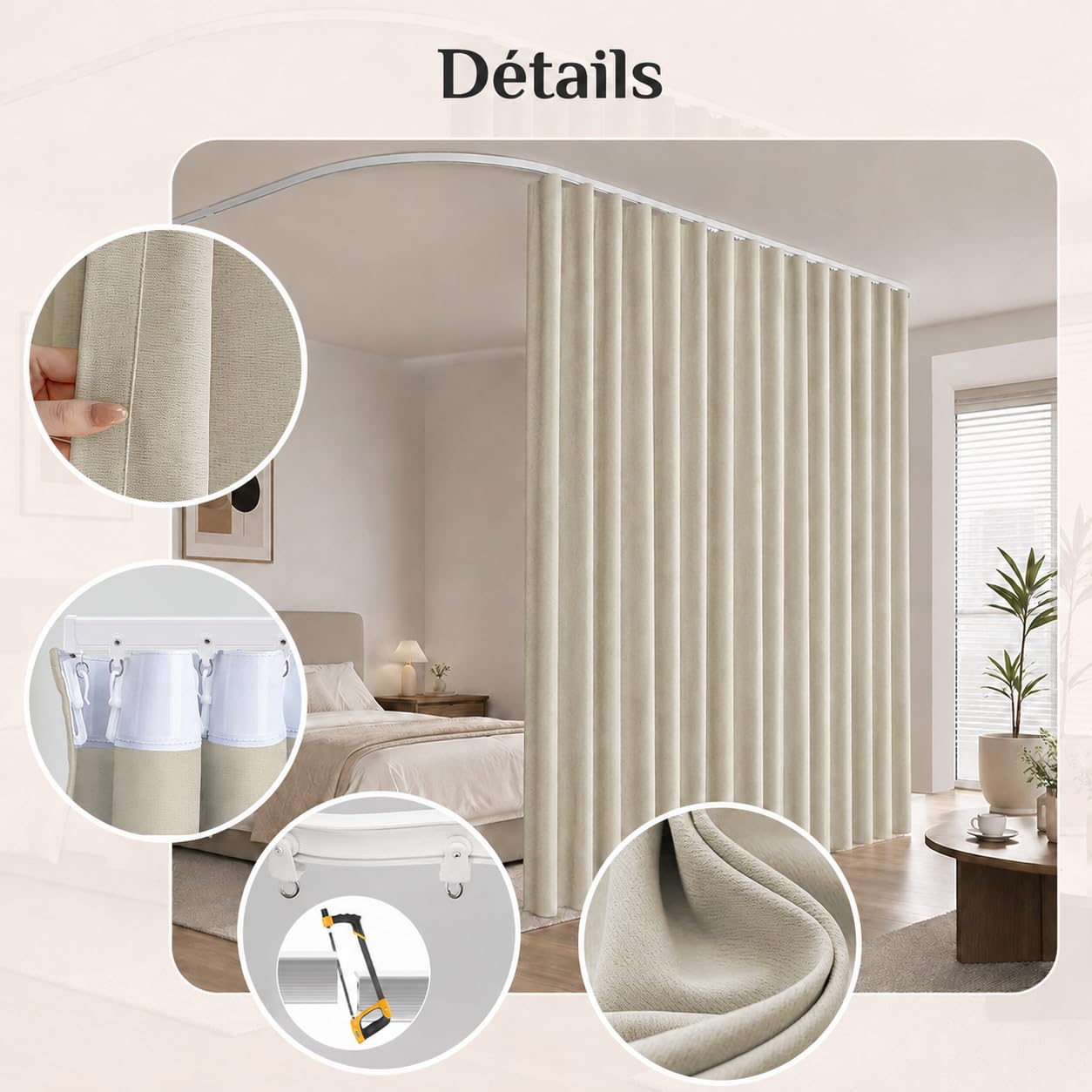 254 cm Extra Large Rideau Séparateur de Pièce avec Rail Plafond Occultant | Rideaux Thermique, Kit Complet Rail Pliable Et Rideau, Tissu Occultant Triple Tissage, pour Studio et Bureau (H 274cm, Beige)