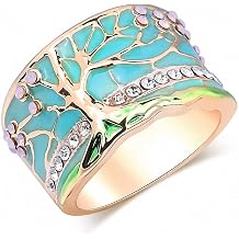 tqyzkh Lucky Flower Tree Rings Gold Pink Opal Green Enamel Wide Ring for Woman Party Crystal Vintage Jewelry