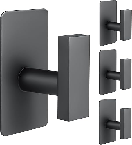 Paquete de 4 ganchos adhesivos para toallas, color negro mate, ganchos de pared adhesivos de acero inoxidable para baño, cocina, toallas, abrigos,