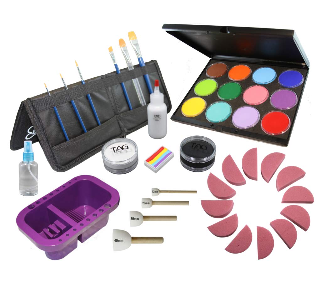 TAG Face Paint and Body Paint Professional Starter Kit - 12 Regular Colors (32g), 2 Large 90g Base Cakes, One-Stroke Split Cake, 6 Brushes & Glitter - High-Pigment Water-Activated SFX Set