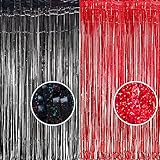 Picture of Foil Fringe Curtain Party Decorations - Black Red Metallic Tinsel Backdrop Party Steamers Curtains for Birthdays Halloweens Christmas Theme Prom Holidays Parties Decorations