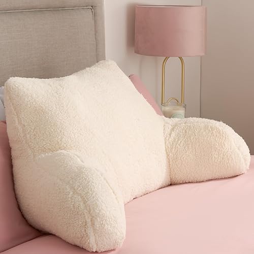 OHS Cream Reading Pillow for Adults Teddy, Super Soft Cosy Back Support Pillow for Bed Teddy Fleece Armchair Pillow Snuggle, Reading Cushion for Relaxing - Natural Cream - Single - 60 x 100cm