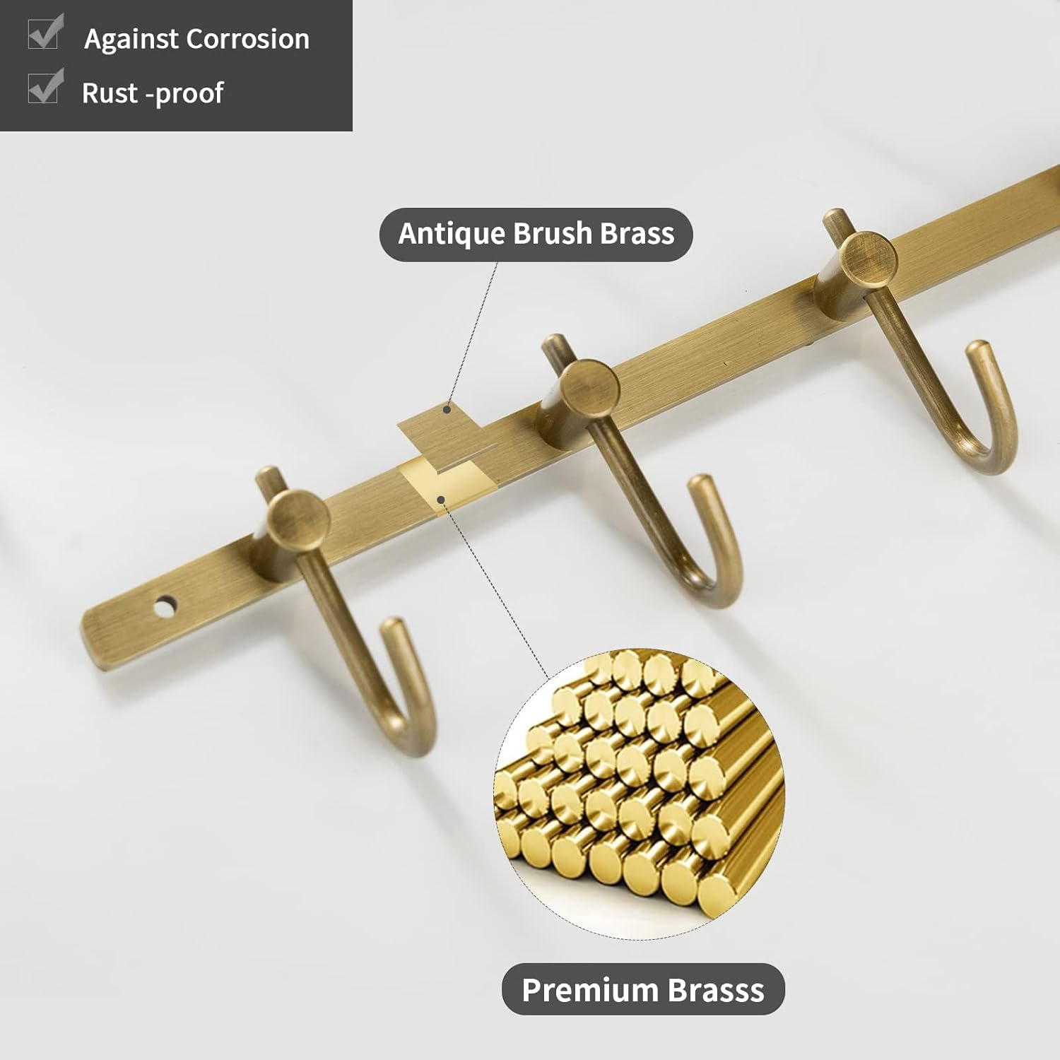 WINCASE Antique Brass Towel Hook, Brushed Brass Wall Hook Rail, 5 Hooks Antique Coat Hook Rail Hanger Bathroom Robe Hooks Rack Wall Mounted