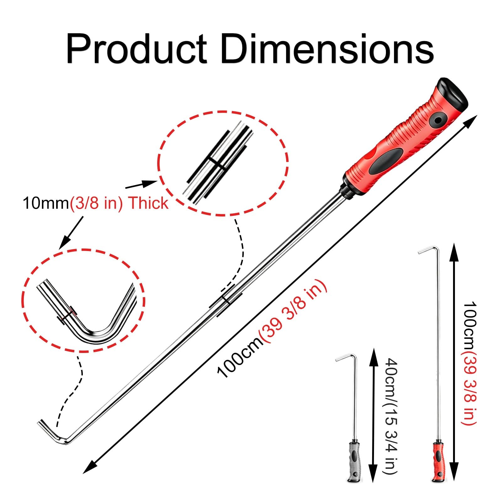 Gancho en J Romo de 39-3/8", elevación de Tapas de alcantarilla | Herramienta de palanca de acero inoxidable de 3/8" de espesor, mango antideslizante rojo(2pcs)