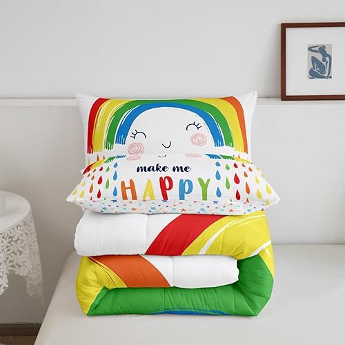 Miniatura 4 de Erosebridal Juego de edredón de arco iris, tamaño individual, juego de ropa de cama de arcoíris colorido blanco de dibujos animados para niños y