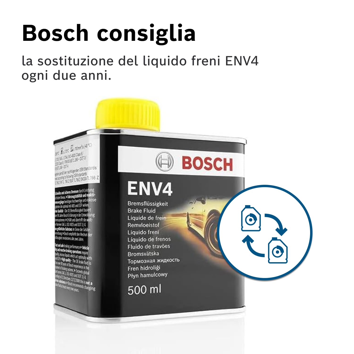 Liquido Freni Bosch ENV4, 0,5 L – Per tutti i veicoli moderni con freni ABS e ESP – Qualità Bosch – Compatibile con DOT 3, 4 e 4 HP/LV