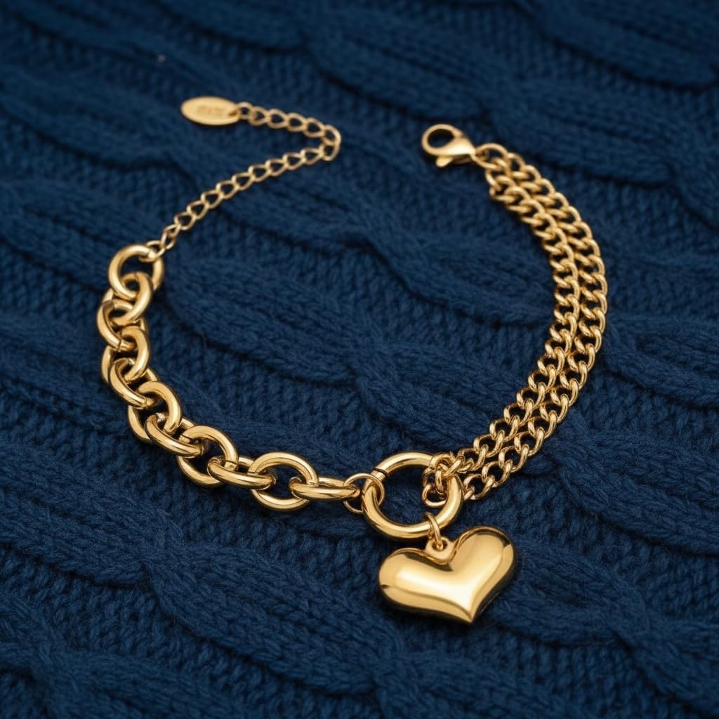 18K Gold Plated over Titanium Chain Link Bracelet with Heart Charm, Dual Chain Design, Fashion Jewelry for Women, 6-Inch Length with a 1.25-Inch Extension, Tarnish Resistant