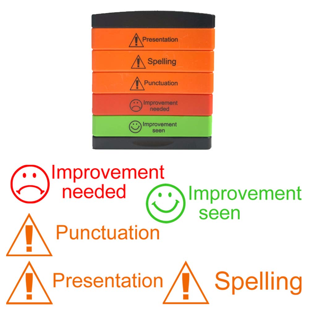 Teacher Feedback 5-in-1 Layer Stamp: Presentation, Spelling, Punctuation, Improvement Needed, Improvement Seen. Self-Inking, Reinkable Stamper