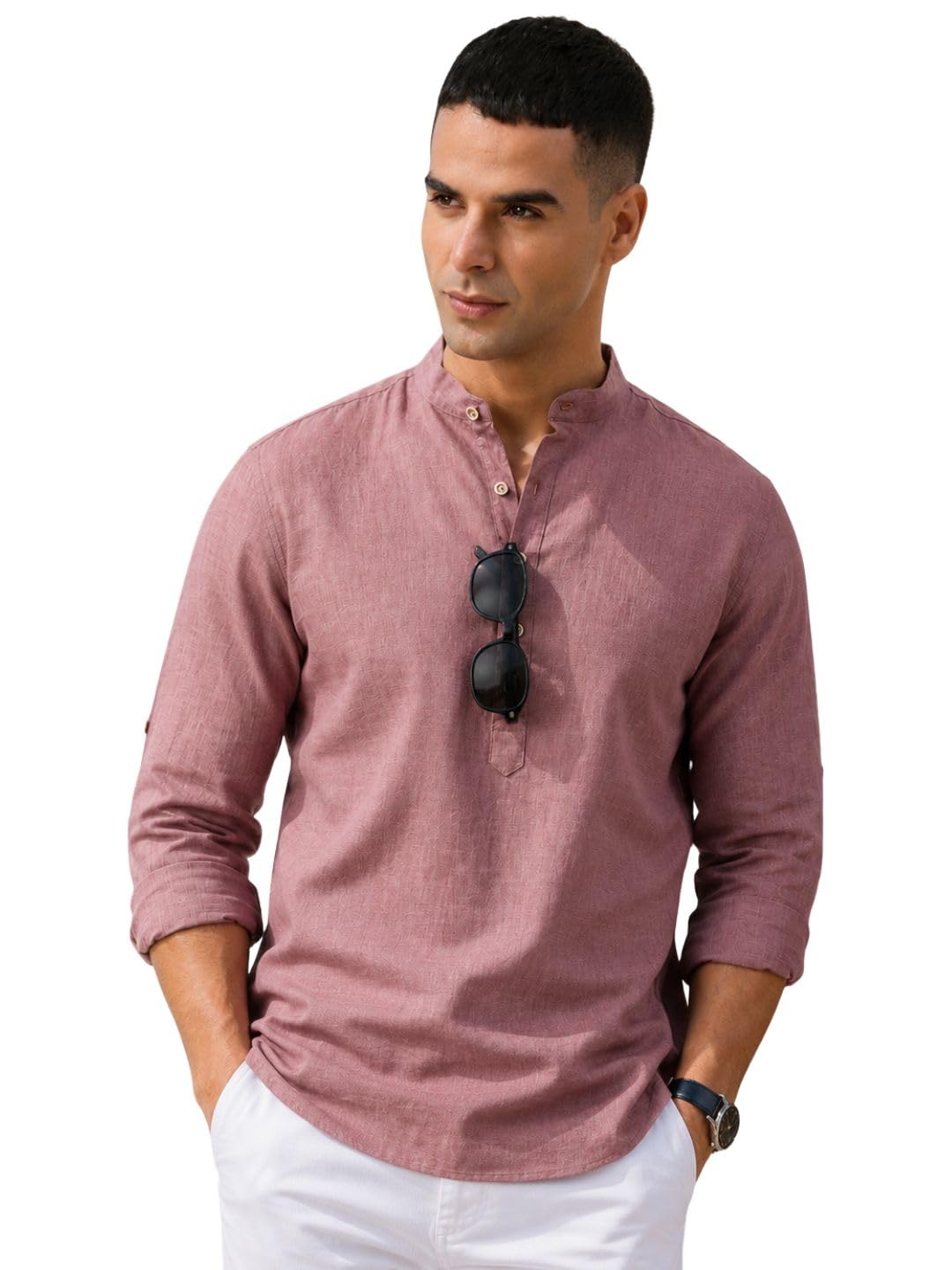 majestic man Men's Pure Cotton Solid Mandarin Collar Slim Fit Roll-Up Sleeves Short Kurta-picture-51