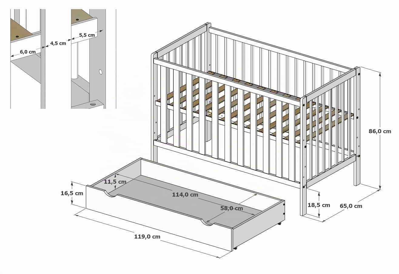 zee Bambi Cuna Bebé 120x60 cm Blanco Set con Cajón Y Barrera + Cómoda Cambiador Mueble Habitación Bebé Convertible En Cama Junior Cuna De Madera Resistente
