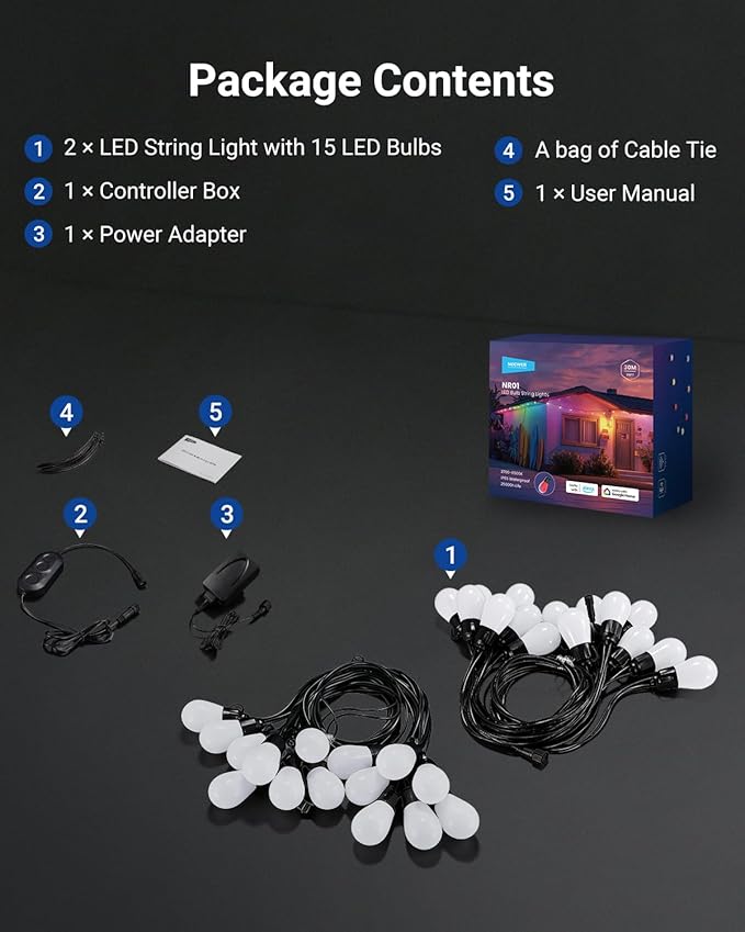 NEEWER Luces de Cadena Exterior 96ft RGBW WiFi Alexa miniatura 9