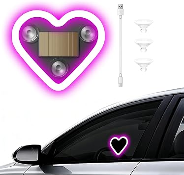 Car Window Wireless LED Ambient Light Solar Powered Love Heart Shaped Neon Lamp for Night Driving Interior Decor Accessories Romantic Gift for Women Girl Couples-Pink