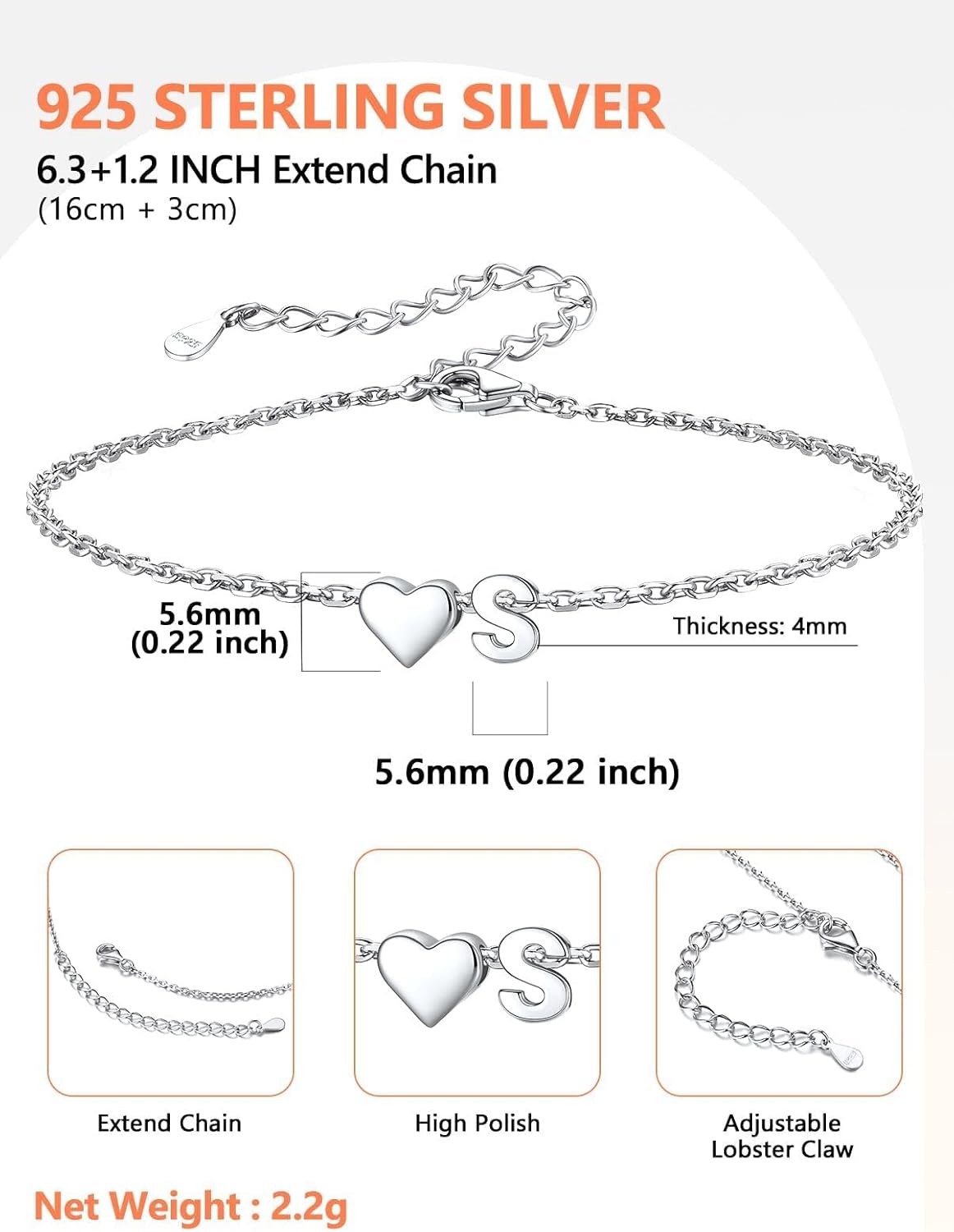 Silvora 925 Sterling Silver Dainty Initial Bracelet with Heart - 6.3" + 2" Adjustable Personalized 26 Letter Bracelet Jewelry Heart Bracelet for Women - Image 8