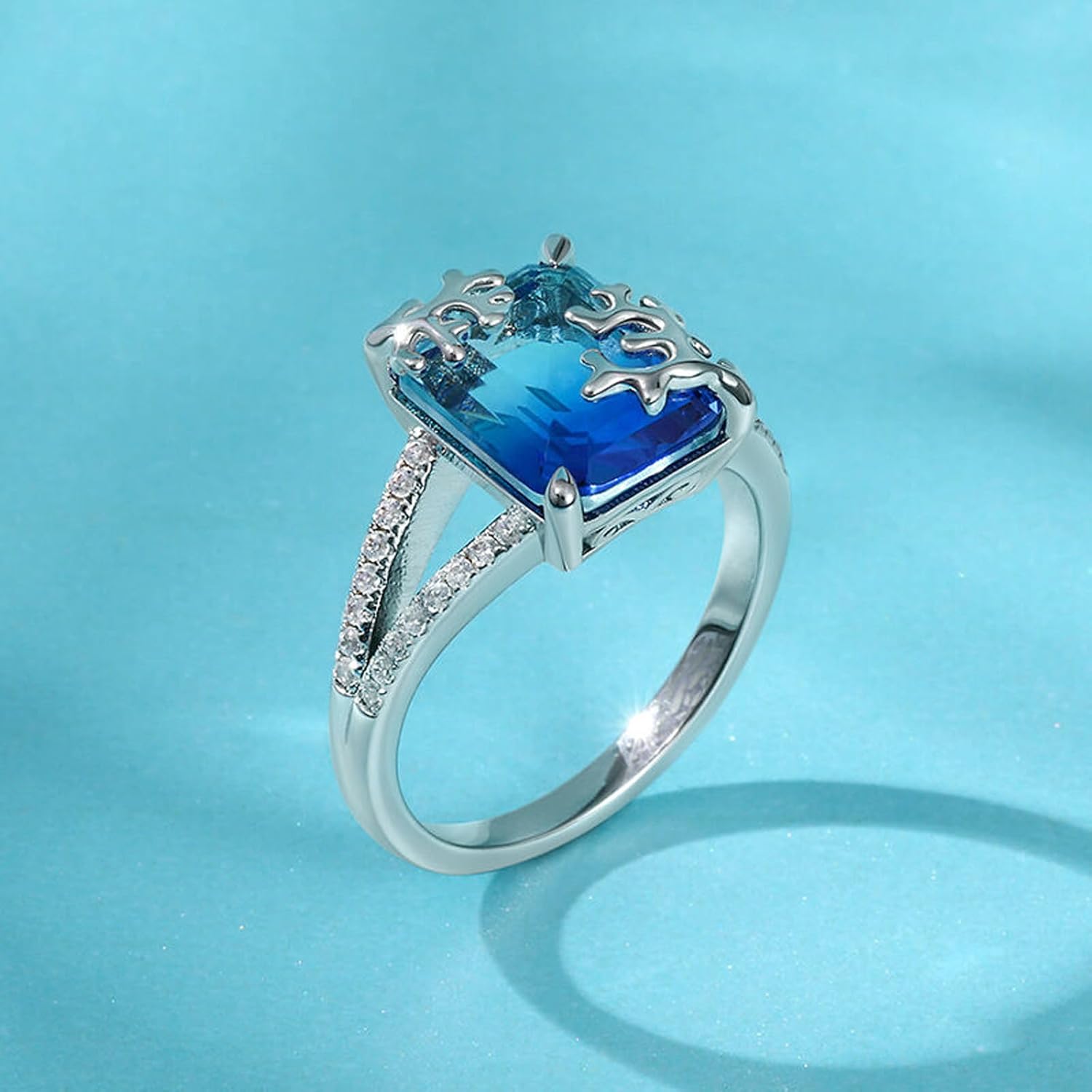 Jeulia Blue Large Emerald Cut Wedding Ring for Women Dolphin Halo Solitaire Sterling Silver Band Diamond Jewelry with Gift Box