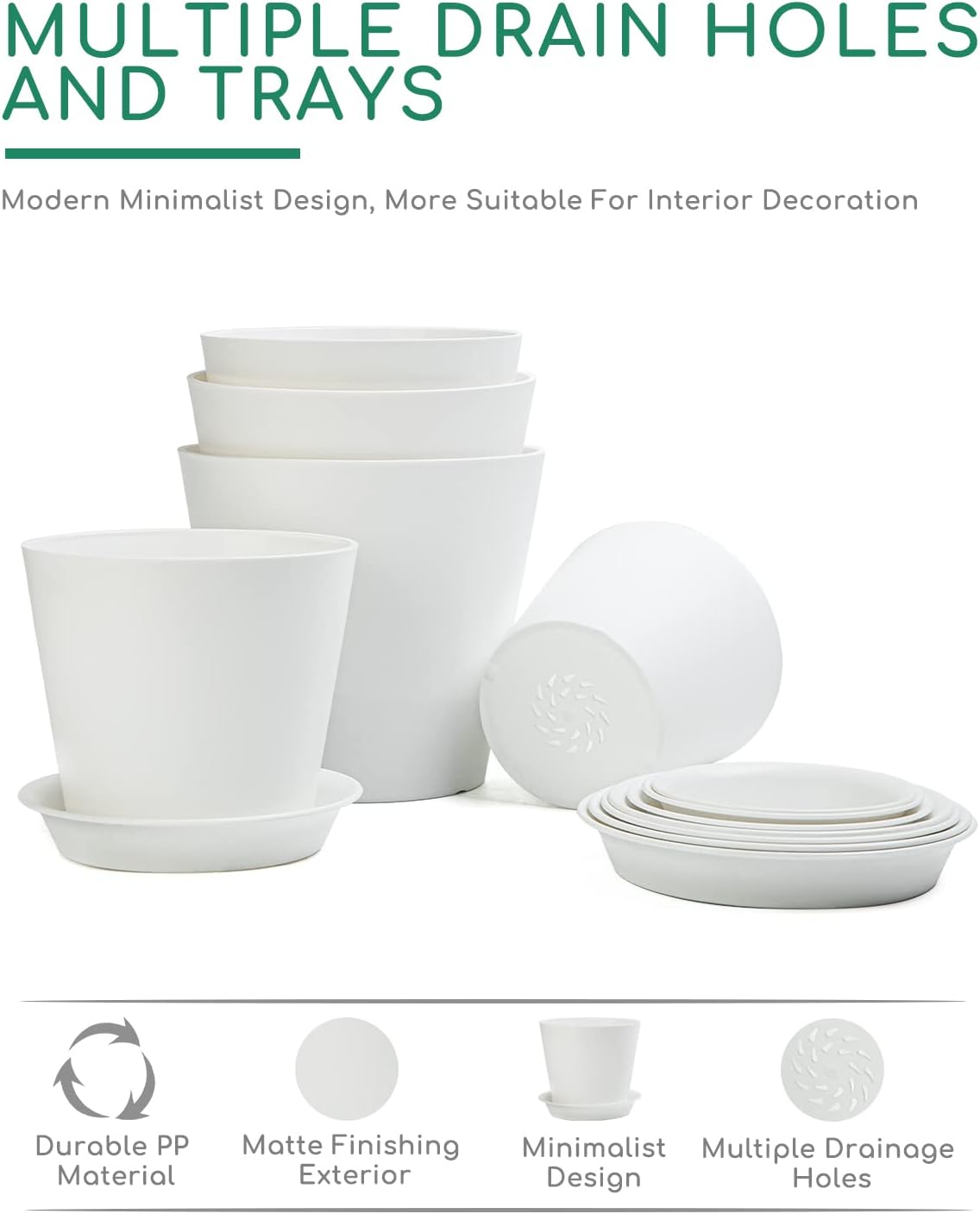 LaDoVita 7 Pack Plastic Plant Pots Indoor, 7/6.5/6/5.5/5/4.5/4 Inch Modern Planters for Plants, Flower Pots with Drainage Holes and Trays, White : Patio, Lawn & Garden