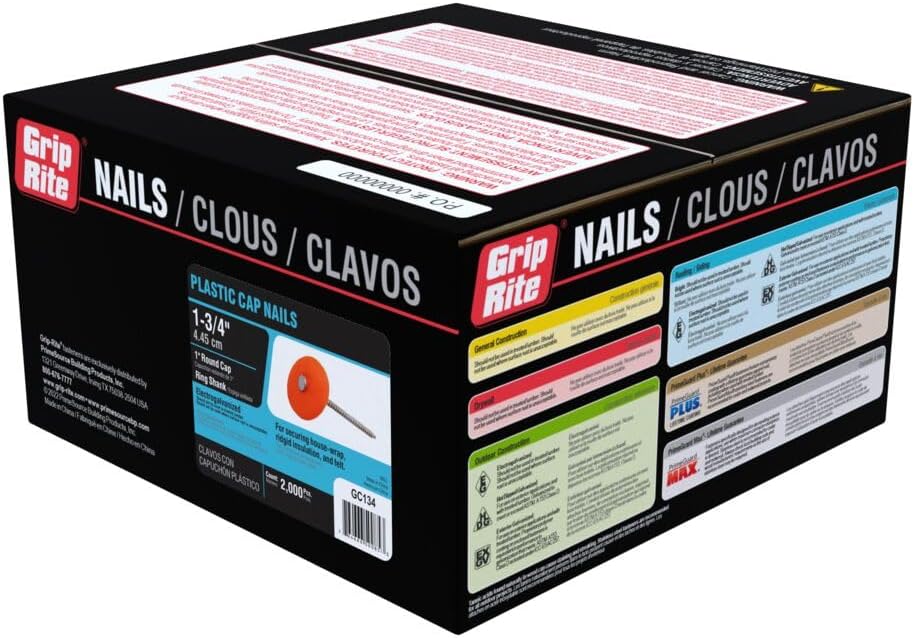 Grip-Rite GC134, 1-3/4" Grip Cap - Plastic Roofing Nails, 2000 Count, High Holding Power for Roofing Materials