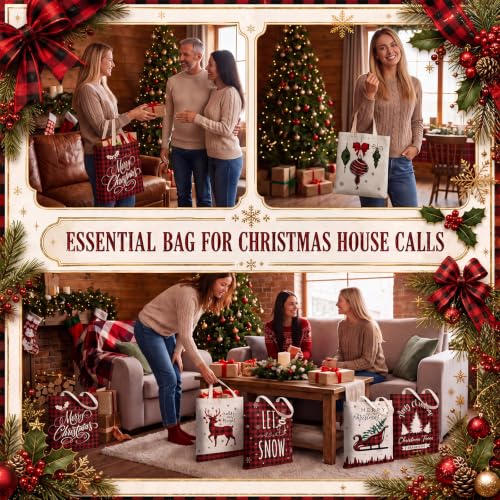 Image of Paterr 12 Pcs Christmas Canvas Tote Bags Bulk Reusable Red Black Buffalo Plaid Christmas Gift Bags with Handles Xmas Tree Reindeer Truck Canvas Handbags for Women Xmas Gifts Farmhouse Party Decor