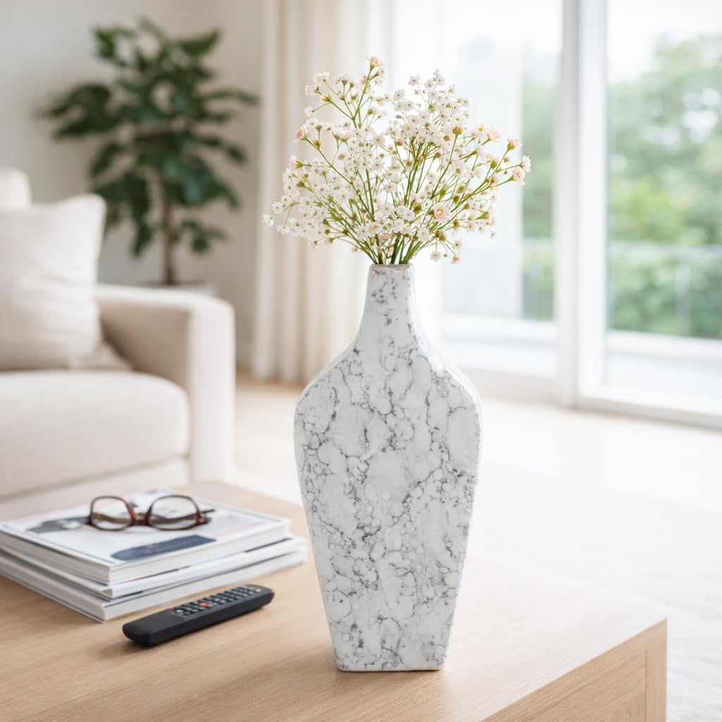Sculptural Ceramic Vase for Living Room Decor - Modern Home Display Accent with Tapered Form for Room & Bedroom Piece - Decorative Flower Vase for House, Office, and Table Styling - 15", White & Gray