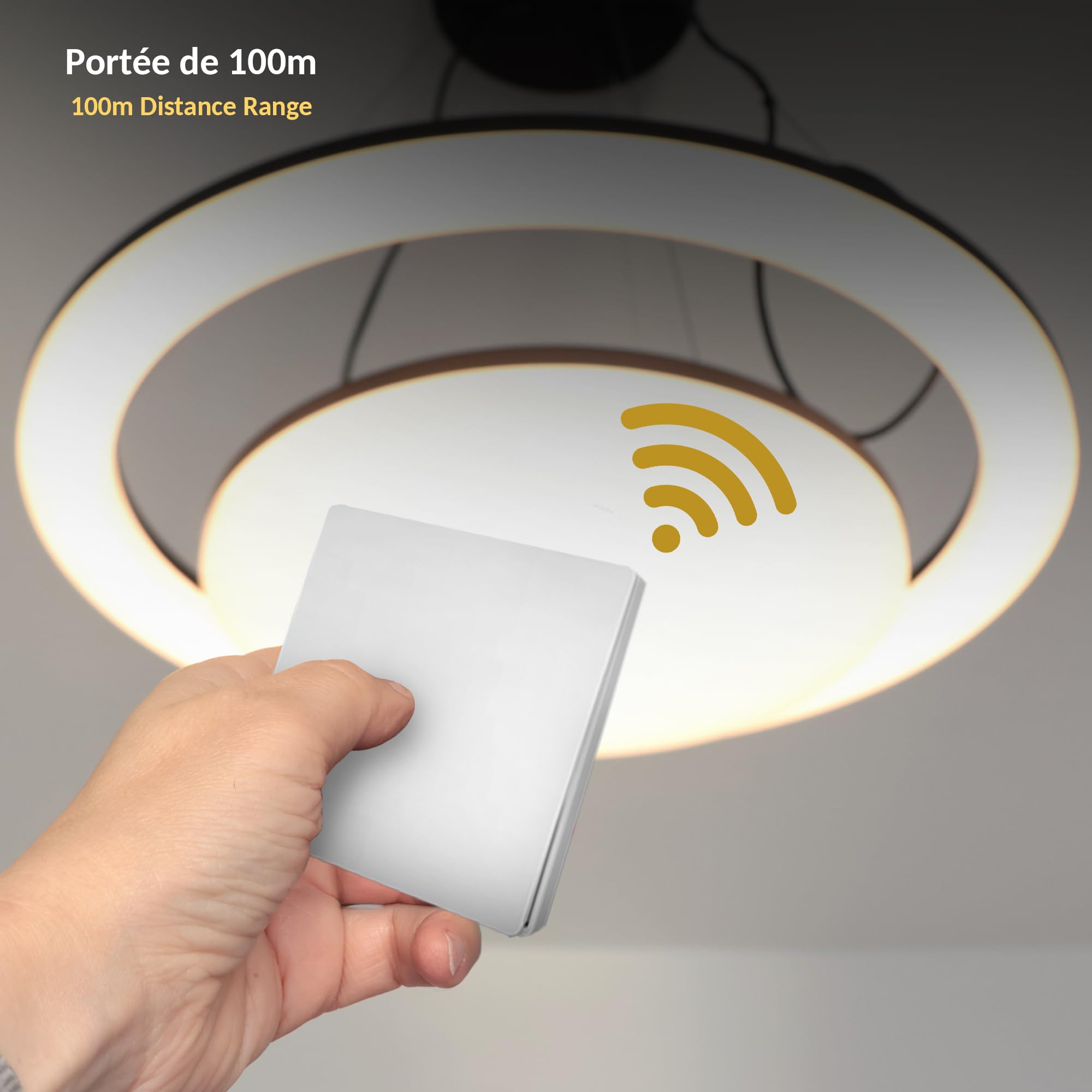 Kit interruptor de control inalámbrico ni batería con adaptador de enchufe E27 conectado, funciona con energía cinética, mando a distancia ON/OFF para lámpara bombilla LED, alcance 50 m, color blanco