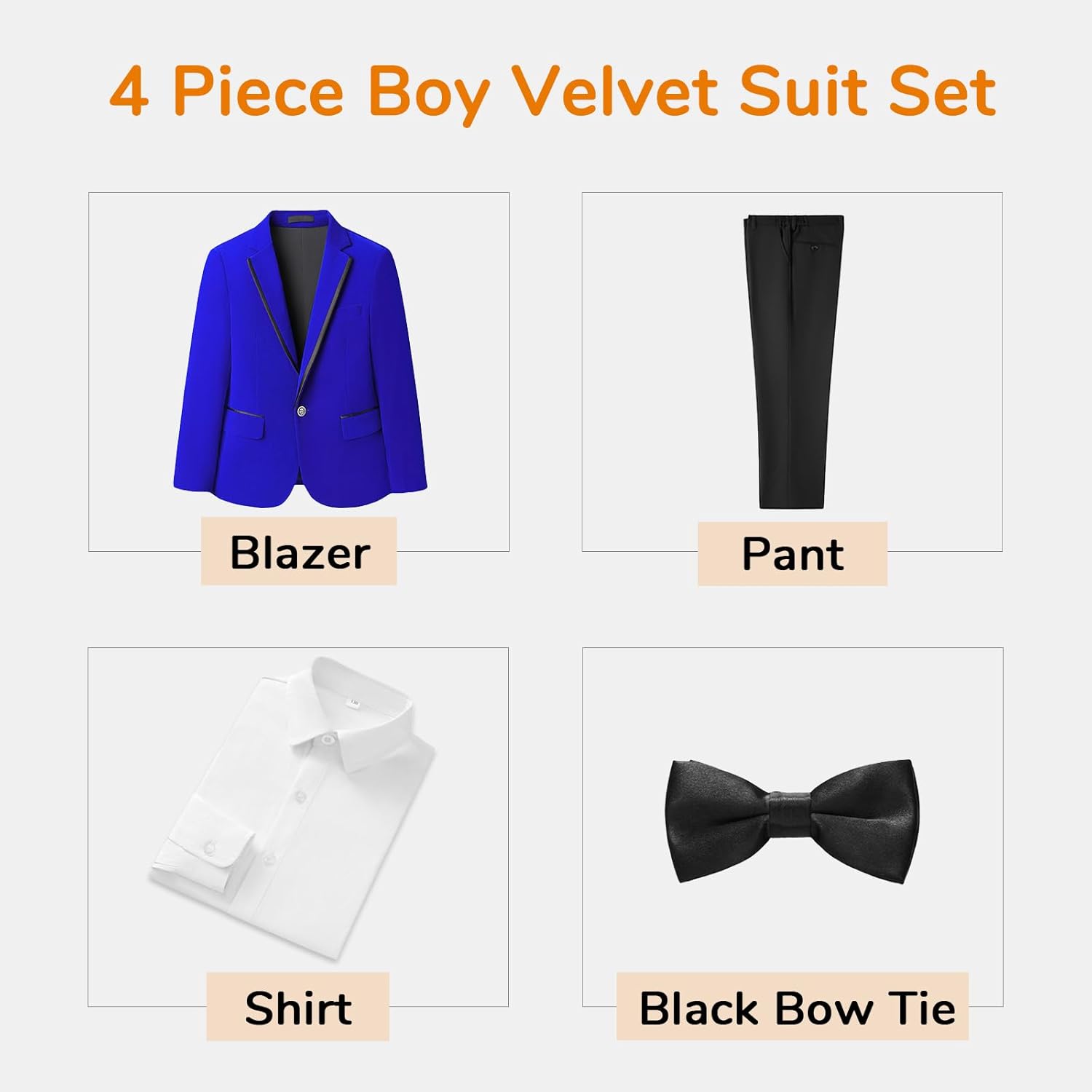 Boys Velvet Suit 4-Piece Formal Tuxedo Outfit with Bow Tie for Wedding Birthday Prom Ring Bearer Kids Dress Clothes - Image 3