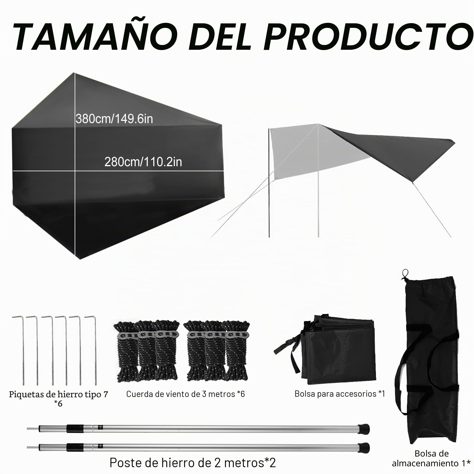 Toldo de coche para portón trasero de 280 x 380 cm, impermeable, impermeable, tienda de campaña trasera para coche, furgoneta o caravana (negro)