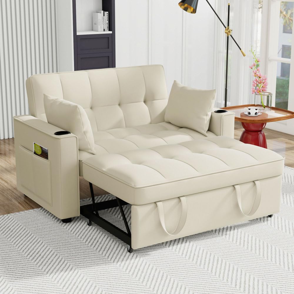Sofá Cama Plegable, sofá Cama Multifuncional, sofá Lounge con portavasos y Cojines, para salón, Dormitorio (Beige + Terciopelo)
