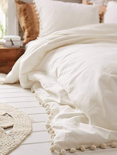 White Pom Pom Duvet Cover Fringed Cotton Cover Full Queen, 86x90