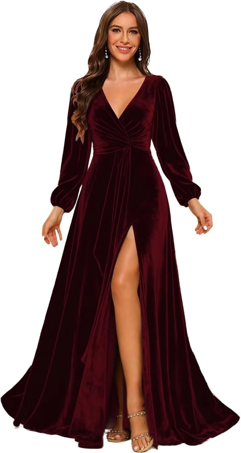ForElise Long Sleeves Velvet Formal Dress with Slit V Neck Ruffles Bridesmaid Dresses Long A Line Pleated Evening Gown