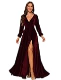 ForElise Long Sleeves Velvet Formal Dress with Slit V Neck Ruffles Bridesmaid Dresses Long A Line Pleated Evening Gown