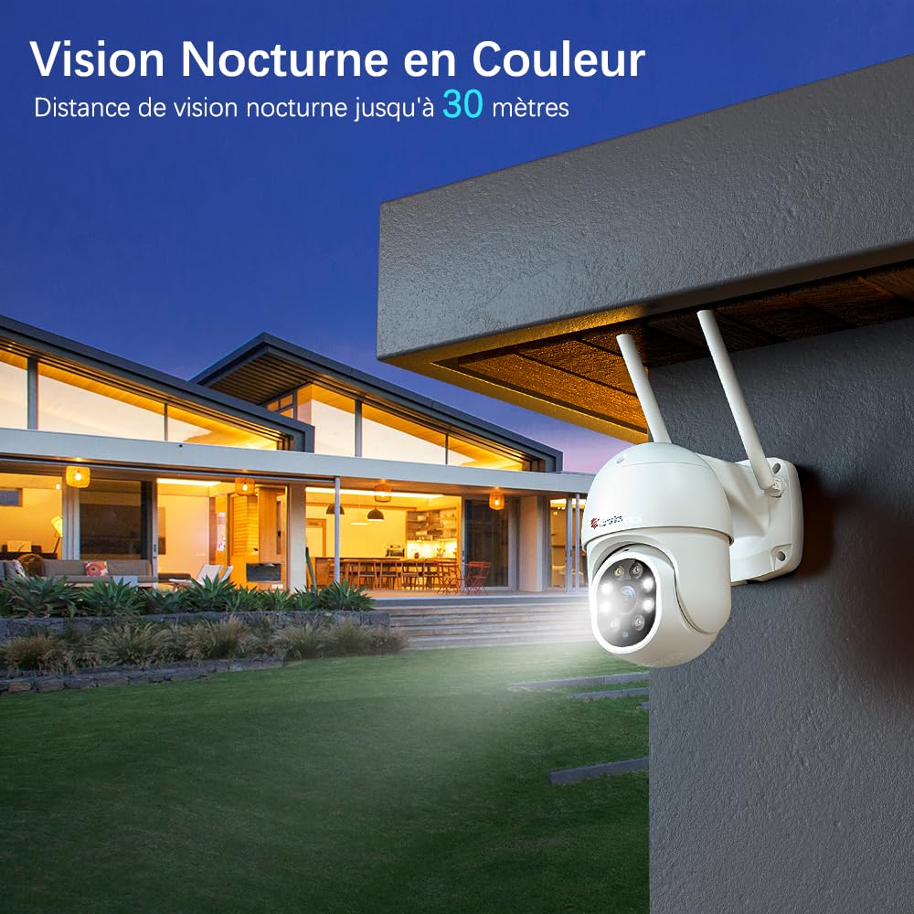 Ctronics Caméra Surveillance WiFi Extérieure 2K PTZ Caméra IP Vision Nocturne Couleur 30M Détection Humaine Suivi Automatique 355° 90° Audio Bidirectionnel IP66 Étanche Slot Carte TF(2 Pack) (Blanc) | Vision Nocturne Couleur 30M, Détection Humaine, Suivi