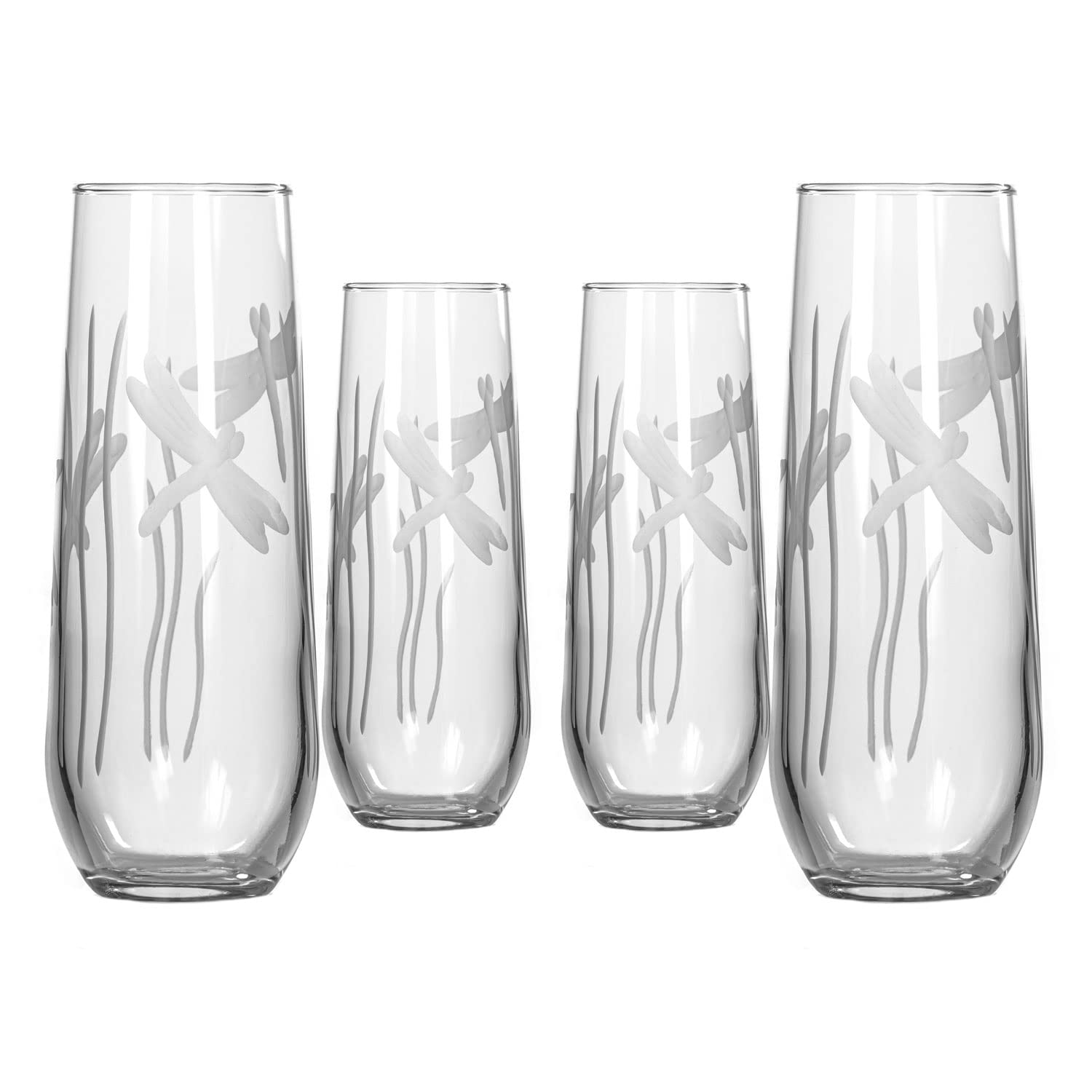 Rolf Glass Dragonfly Stemless Champagne Flute Glasses 8.5 ounce Set of 4 - Toasting Flute Glasses - Lead-Free Glass - Etched Flute Glasses – Proudly Made in the USA