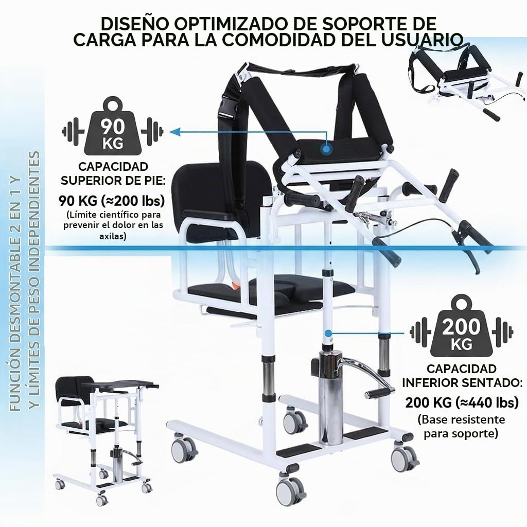 Genérico Silla de Transferencia para elevación de Pacientes, Elevador de Pacientes portátil y liviano, Altura de elevación del Asiento Dividida a 180° Ajustable, Transferencia multifunción