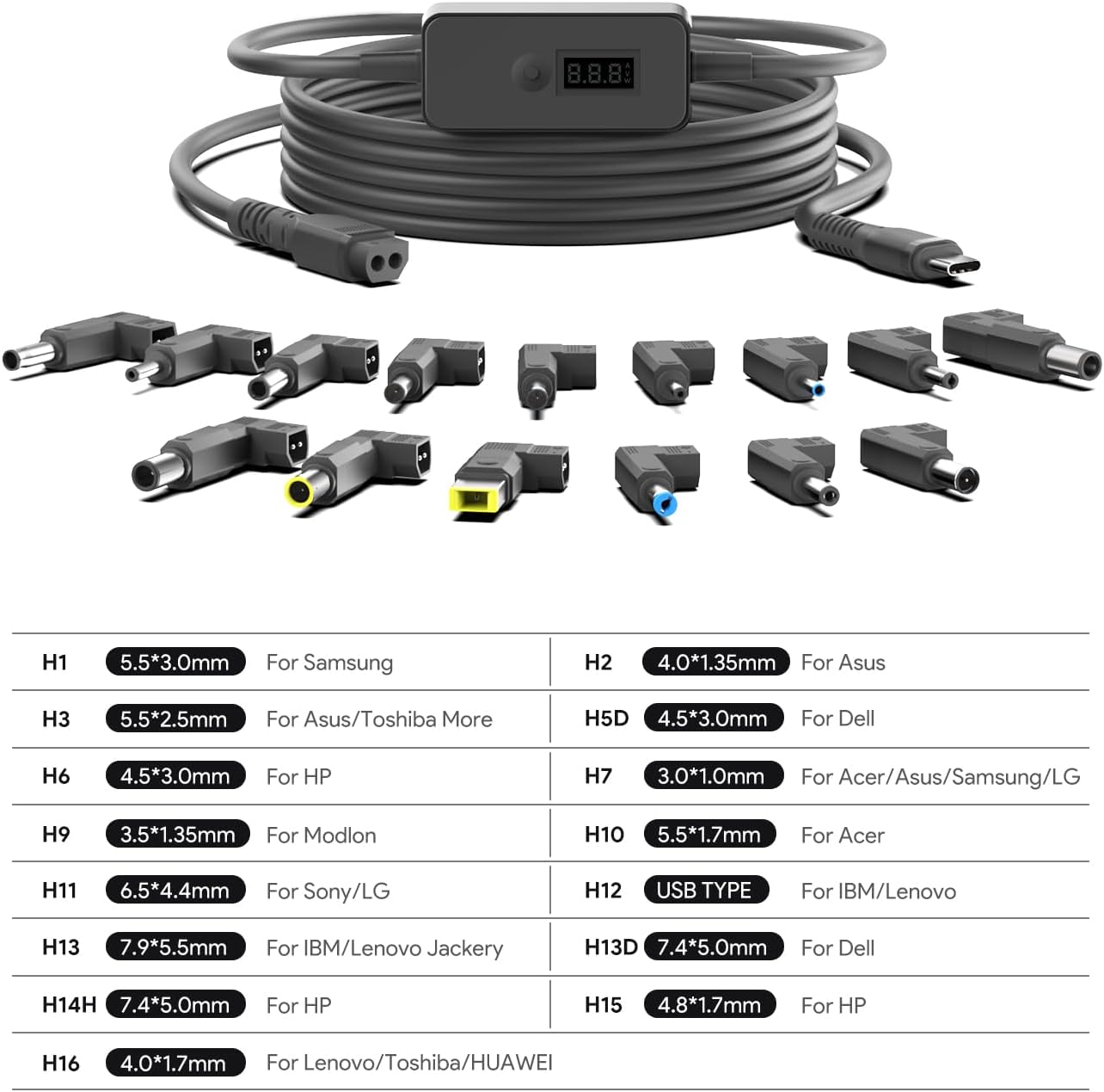PD USB C to DC Fast Charging Cable with Adjustable Voltage Output 5V/9V/12V/15V/20V/28V Universal PD Fast Charging Cord Multi-Voltage Adapter with 15 Connectors Tips 6.9 ft with LED Display